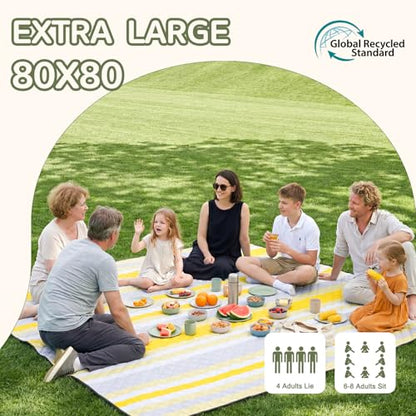 Genovega Waterproof Beach Blanket Picnic Outdoor Mat Rug Extra Large Portable Umbrella Wagon Folding Pop Tent Sun Shelter Shade Canopy Ball Cart Cool Cabana Anchor Fan Mesh Bag Tote Toallas Manta - color: Lemon Yellow Stripe