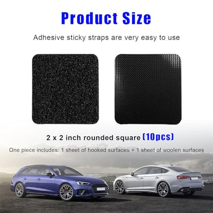 Dickno 10 PCS Hook and Loop Mounting Strips with Adhesive, 2"×2" Heavy Duty Tape Strip, Multi-Purpose Carpet Rug Fastener Mounting Tape for Power Strip, Car Sun Visor, Floor Mat - color: 10 PCS