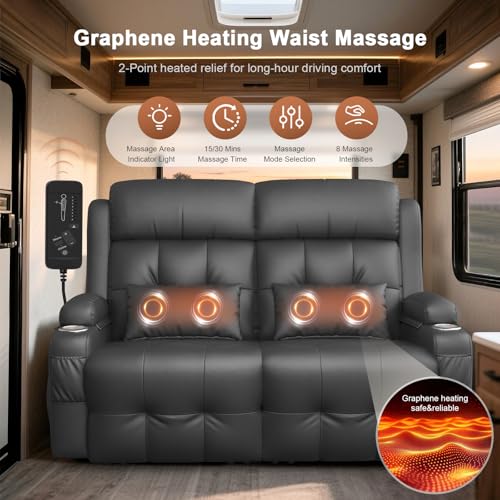 Power RV Loveseat Recliner Sofa, Reclining Loveseats Couch for RV Furniture, Home Theater Seating with Heat Massage, USB, Insert Pockets, Cup Holders, 150° Wall Hugger RV Recliners Sleeper Sofas - color: Dark Gray, size: Loveseat-G1-Power