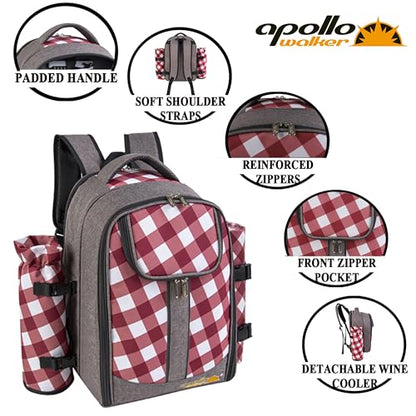 apollo walker Picnic Backpack Bag with Cooler Compartment, Detachable Bottle/Wine Holder, Fleece Blanket, Plates and Cutlery Set (2 Person, Gray) - color: Gray, size: 2 Person