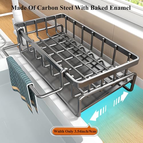 Sponge Holder for Kitchen Sink with Rag Holder, Kitchen Countertop Organizers and Storage Essentials, Rustproof Carbon Steel, Soap Dispenser Organize (Grey)