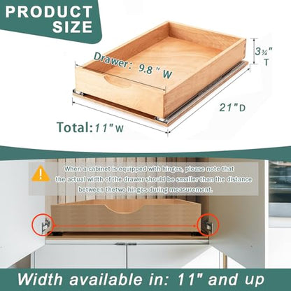 Pull Out Drawers for Kitchen Cabinets, Pull Out Cabinet Organizer, Fully Assembled Wood Cabinet Pull Out Drawer, Fast and Easy DIY Installation, 11”W x 21”D - size: 11”W x 21”D