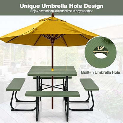 Tangkula 8 Person Picnic Table, Outdoor Square Picnic Table with 4 Built-in Benches, Umbrella Hole, Metal Frame & HDPE Tabletop, Outside Table and Bench Set for Backyard, 2300lbs Weight Capacity - color: Green