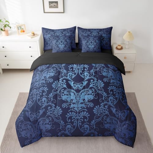 Erosebridal Gothic Damask Comforter Set 7 Piece Bed in a Bag Twin,Butterfly Skull Bedding Sets Blue Victorian Floral Goth Sheet Set with Comforter - color: Multi 02, size: Twin(7-Pieces)