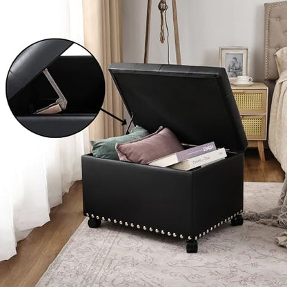 Leather Storage Ottoman,24’’Foot Rest Ottomans with Wheels and Hinged Lid Rectangle Upholstered Foot Stools Nailhead Trim for Living Room Bedroom,Black - color: Black With Wheels