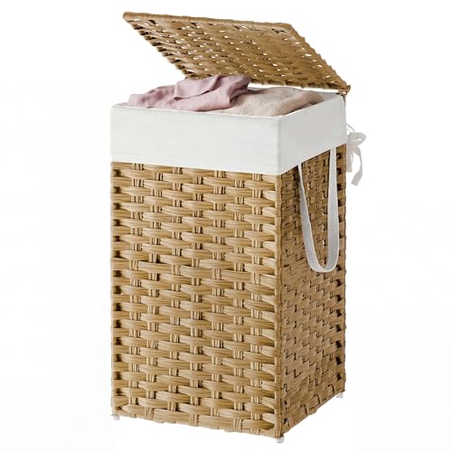 SONGMICS HOME Laundry Hamper with Lid, Clothes Basket with Removable Liner and Handles, 17.2 Gallon, Foldable Narrow Laundry Organizer for Bathroom, Bedroom, Light Brown - color: Light Brown, size: 65 L（with Lid）