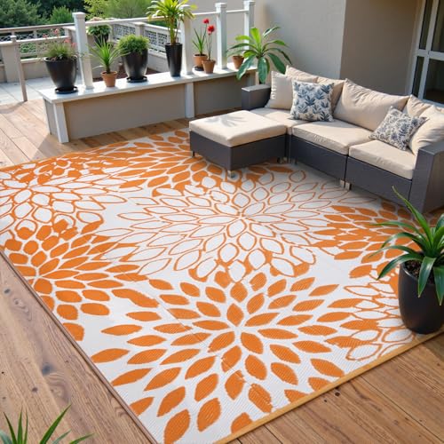 Anidaroel Outdoor Rugs 8x10ft for Patios Clearance Waterproof, Reversible Tropical Plastic Straw Camping Mat Outside Rug, Large Outdoor Area Rug for RV, Deck, Balcony, Picnic(Orange,8'x10') - color: Orange Floral, size: 8' x 10' (Rectangular)