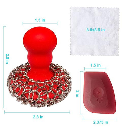316 Upgraded Chainmail Scrubber with Silicone Handle Cast Iron Cleaner for Cast Iron Grill Pan Skillet Wok Bakeware Ergonomic to Hold Easy to Use Dishwasher Safe, Scrubber + Scraper + Towel (Red) - color: Red
