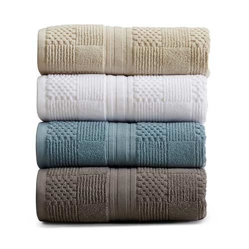 Springtree Home 100% Cotton Bath Towel Set of 4 | Blue Towels | Geometric Textured Design | Absorbent & Quick-Dry | 4 Bath Towels | Oeko-TEX® Standard 100 Cotton | Myla Collection - Arona Blue - color: Arona Blue, size: Bath Towel (4 Pack)