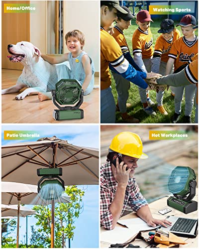 Rechargeable Auto Oscillating Fan with Remote & Timer & LED Light, 9-Inch 20000mAh Battery (70Hrs), Portable USB Fan for Camping, Travel, Worksite & Strong Hurricanes - color: Green