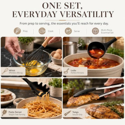 Silicone 10 Pcs Kitchen Cooking Utensils Set, Recycled Materials Certification, BPA Free Spatula Set with Heat Resistant Wood Handles for Nonstick Cookware, Black - color: Black
