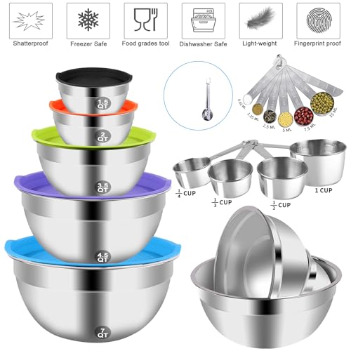 WEPSEN Mixing Bowls with Lid Set, 25PCS Kitchen Utensils Metal Bowl Stainless Steel Nesting Bowls, Measuring Cups and Spoons, Egg Whisk for Baking Prepping Cooking Serving Supplies - color: Colorful Bowls Set