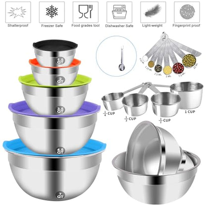 WEPSEN Mixing Bowls with Lid Set, 25PCS Kitchen Utensils Metal Bowl Stainless Steel Nesting Bowls, Measuring Cups and Spoons, Egg Whisk for Baking Prepping Cooking Serving Supplies - color: Colorful Bowls Set