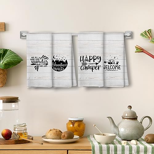 Camping Kitchen Towels, Dish Towels, Gifts for Women Men, RV Decor, Campsite Decor, Happy Camper Hand Towel, Supplies for RV Campers 12x12 Inch Set of 4