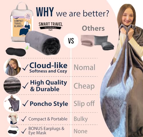 SMART TRAVEL Travel Products Cozy Warm Compact Travel Blanket Travel Blanket Airplane Compact with Bag Travel Essentials for Airplane Long Flight Essential for Woman,Men,Kids