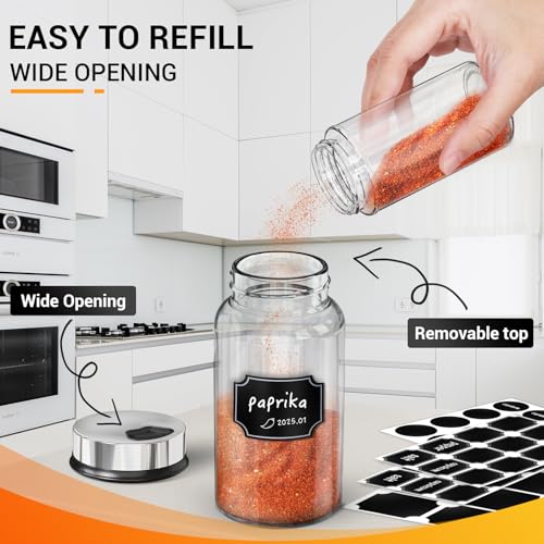 Segarty Spice Jars Set, 3 Pack 6 oz Glass Spice Jar with Labels, Seasoning Bottles Set with 136 Blank Stickers, 1 Chalk Marker, 1 Brush, Salt and Pepper Shakers with Ajustable Holes Lids - size: 7oz / 200ml