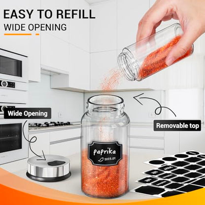 Segarty Spice Jars Set, 3 Pack 6 oz Glass Spice Jar with Labels, Seasoning Bottles Set with 136 Blank Stickers, 1 Chalk Marker, 1 Brush, Salt and Pepper Shakers with Ajustable Holes Lids - size: 7oz / 200ml