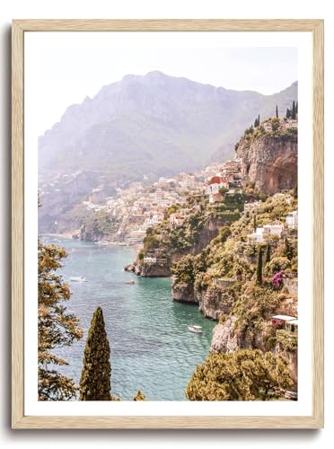 KISSFOX OAK Wood Framed Wall Art Coastal Wall Decor Beach Canvas Art Landscape Pictures Mountain Paintings Travel Posters Aesthetic Artwork For Bedroom Office Living room - color: Amalfi Coast, size: 8x10 Wood
