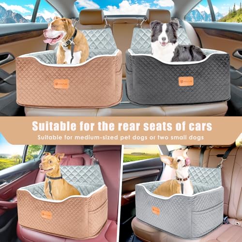 AlfaTok Memory Foam Booster Dog Car Seat Medium Dogs, Elevated Pet Car Seat Under 45 LBS, Detachable Washable, Anti-Slip Dog Booster Seat for Car Back Seat Only, Travel Dog Car Bed, Dog Seat Belt - color: Brown