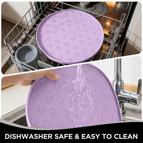 Comtim Waterproof Dog Food Mat - 2 Pack Silicone Pet Food Mat Dog Food Bowl Mats Cat Water Mats Eating Tray, Non-Slip Pet Placemat with Lip for Messy Drinkers to Protect Floor, Lavender 11"×11" - color: Lavender