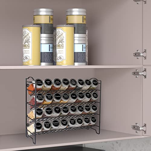 SWOMMOLY Spice Rack Organizer with 32 Glass Spice Jars, 396 Spice Labels, Chalk Marker and Funnel Complete Set, for Cabinet, Countertop, Cupboard or Wall Mount, Black - size: 4 Tier