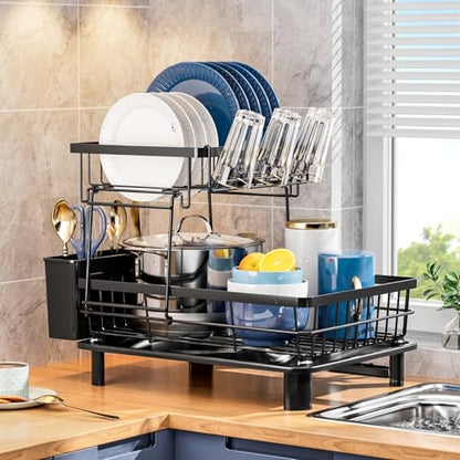GAOKASE Dish Drying Rack, Stainless Steel-Dish Rack, Dish Racks for Kitchen Counter, Kitchen Dish Drainers with Removable Utensil Holder,New Drain Outlet,Plate Rack and Drainboard (Black 3) - color: Black 3