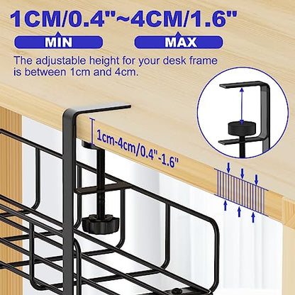 Under Desk Cable Management Tray, 31.5'' No Drill Heavy Duty Steel Cable Tray Organizers, Wire Management Tray Cable Rack with Clamp Mount, Adjustable Metal Under Desk Tray (Black, 2 Pack) - color: Black, size: 2 Pack