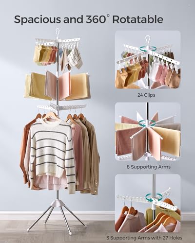 SONGMICS 3-Tier Clothes Drying Rack, 82.7-Inch Folding Laundry Drying Rack with 11 Rotatable Arms for Hangers, 24 Clips, Stainless Steel, for 27 Pieces of Clothes, White and Silver ULLR513W01 - color: White + Silver, style: 3-Tier