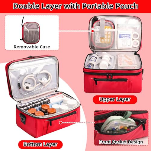 Tesuko Medicine Bag for Traveling with Portable Small Pouch, Double Layer Pill Bottle Organizer Storage Case with Lockable Zippers, Carrying Medication Travel Case with Shoulder Strap (Bag ONLY), Red