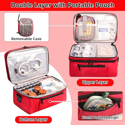 Tesuko Medicine Bag for Traveling with Portable Small Pouch, Double Layer Pill Bottle Organizer Storage Case with Lockable Zippers, Carrying Medication Travel Case with Shoulder Strap (Bag ONLY), Red