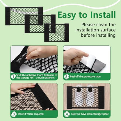 CARFIB Car Net Pocket Trunk Organizer RV Wall Bag Elastic Small Cargo Nets Mesh Adhesive for SUV Boat 4pcs