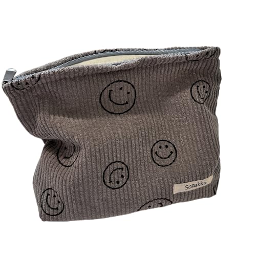 Cosmetic Bags for Women - Corduroy Cosmetic Bag Aesthetic Women Handbags Purses Smile Dots Makeup Organizer Storage Makeup Bag Girls Case Bags (A-Gray) - color: A-Gray