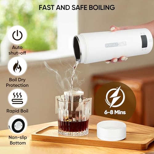 Portable Electric Kettle, Travel Tea Kettle, Small Hot Water Boiler Coffee Heater 450ML, 316 Stainless Steel, 4 Temperature Settings with Fast Boiling Water Auto Shut-off Boil Dry Protection (White) - color: White