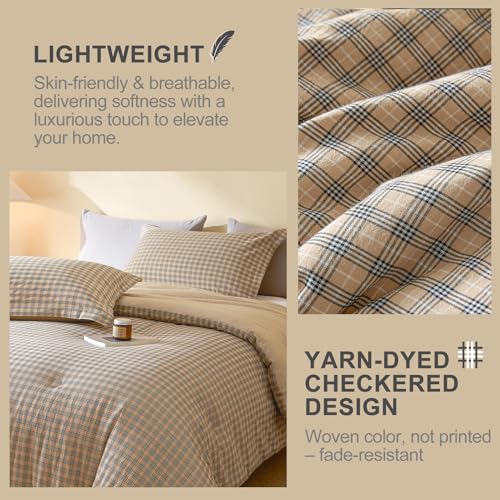 100% Cotton Comforter Set Queen Size – Reversible Yarn-Dyed Checkered Design, Soft Washed Cotton on Both Sides, Lightweight All-Season Bedding, Machine Washable(Beige Plaid, 90”x90”) - color: Beige, size: Queen(90"x90")