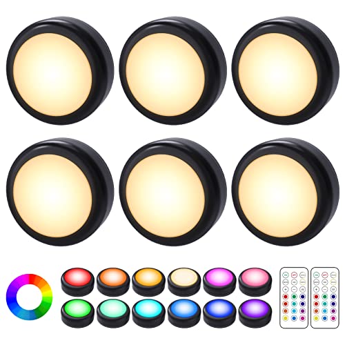 Cadrim Puck Lights, 6 Pack 13 Colors Changeable Under Cabinet Lamps, Led Lamps for Bedroom, LED Puck Lightings, Battery Powered Under Counter Light with 2 Wireless Remote Controls, Black - color: Black, size: 6packs