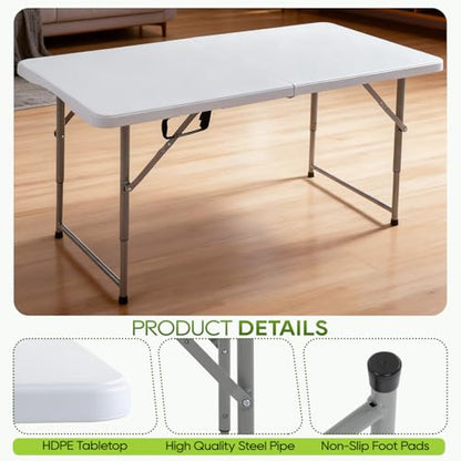 FDW 4FT Folding Table, Portable Fold-in-Half Plastic Picnic Party Table with Carrying Handle (White, 4FT)