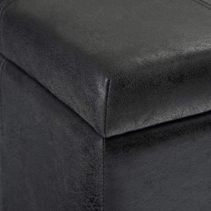 SIMPLIHOME Dover Storage Ottoman Bench - 36 inch Wide Upholstered Vegan Leather Rectangular Lift-Top Ottoman in Distressed Black, Contemporary Bench for Living Room with Safety Hinges - color: Distressed Black