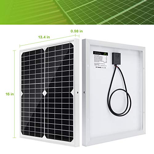 Topsolar Solar Panel Kit 20W 12V Monocrystalline with 10A Solar Charge Controller + Extension Cable with Battery Clips O-Ring Terminal for RV Marine Boat Off Grid System - size: 20W