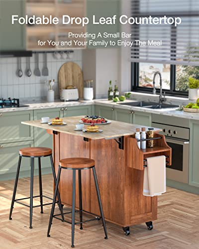 Qsun Kitchen Island with Drop Leaf and Storage, on Wheels Two Drawers, Large Storage Cabinet, Towel Rack Spice Cart Brown - color: Brown