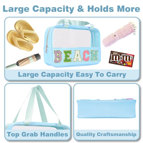 Beach Bags Chenille Letter Patch Clear Beach Bag for Travel Preppy Cosmetic Bags Clear Snacks Pouch with Zipper Toiletry Bags for Traveling Women Travel Bags for Toiletries - color: Blue-Beach