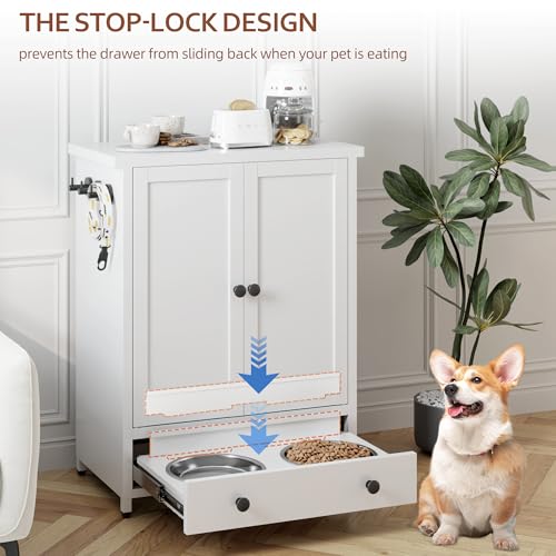 Dog Feeding Station with Storage, Metal Dog Food Storage Cabinet with 2 Elevated Bowls and 3 Hooks, Pet Feeding Station and Dogs Food Storage Organizer, White - size: Metal White