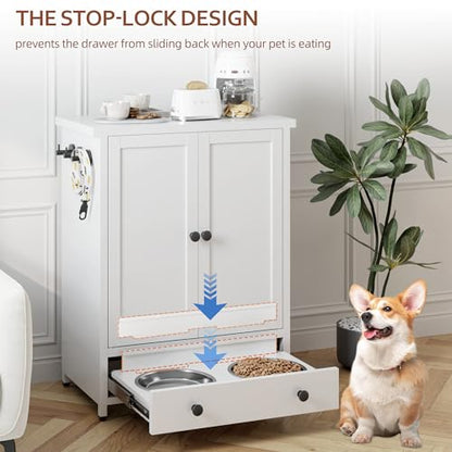 Dog Feeding Station with Storage, Metal Dog Food Storage Cabinet with 2 Elevated Bowls and 3 Hooks, Pet Feeding Station and Dogs Food Storage Organizer, White - size: Metal White