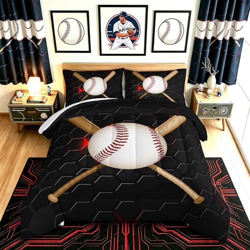 HOSIMA Baseball Comforter Set for Boys Teens Beddroom Decor,Boys Sports Cool Baseball Pattern Bedding Set,Comforter Set Full Size with 2Pillowcases. - color: Black-ball, size: Full