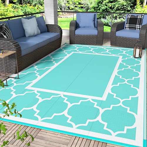 GENIMO 5 ' x 8 ' Outdoor Rug for Patio Clearance, Waterproof Indoor Outdoor Plastic Straw Rugs Carpet, Reversible Outside Area Mat for Camping, Balcony Porch, Deck, Picnic, Beach Aqua Blue & White - color: Aqua Blue&white, size: 5' x 8' (Rectangular)