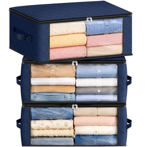 Fab totes 35L Closet Organizers and Storage, Foldable Under Bed Storage Containers, Storage bags for Organizing Bedroom, Closet, Clothing,Organization with Handle (3 Pack,Blue) - color: Blue, size: 3 Pack-35l