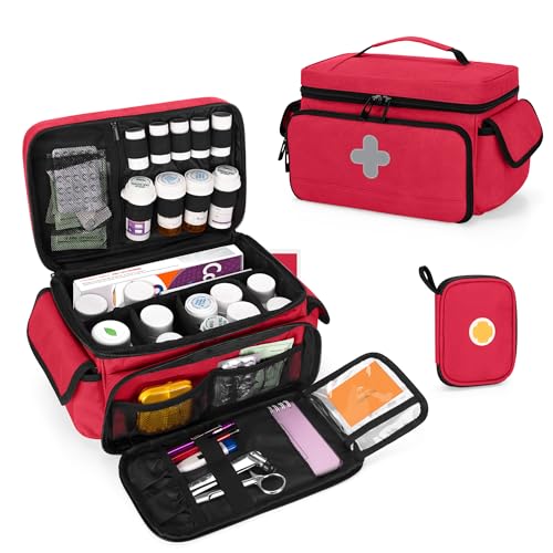 CURMIO Medicine Storage Bag Empty, Lockable Pill Bottle Organizer with Portable Zippered Pouches for First Aid Kits, Medicine Box for Home and Travel, Red (Patent Pending) - color: Red
