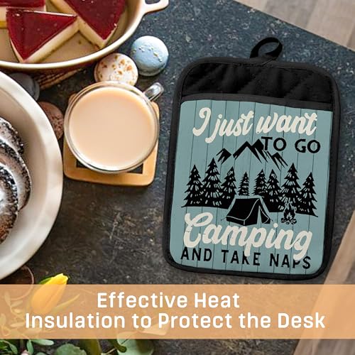 Retro Rustic Forest Camping Pot Holders with Pockets, I Just Want to Go Camping Oven Pot Holders Heat Resistant Oven Mitts Hot Pads for Kitchen Baking Cooking - color: Campfire-e