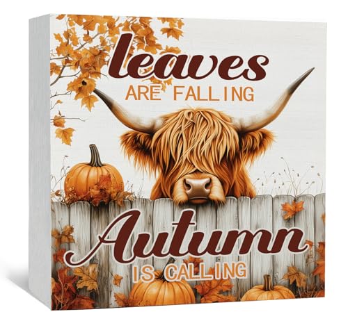 Fall Highland Cow Decor Sign -fall Decorations For Home, Farmhouse Leaves Are Falling Autumn Is Calling Pumpkin Table Signs For Home Bedroom Bathroom 5x5 - color: highland cow autumn leaves, size: 5x5 in