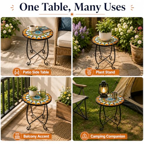 Mosaic Outdoor Side Table Round, 15 Inch Height - Small Patio Table, Foldable Sun Pattern Metal Plant Stand for Garden, Balcony, Porch & Camping - color: Sunburst