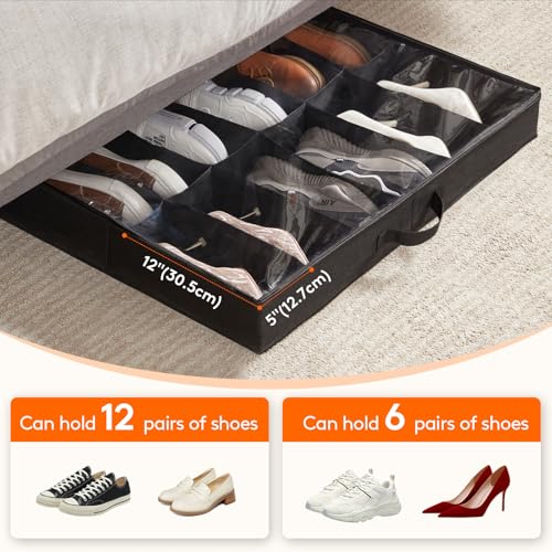 Lifewit Under Bed Shoe Storage Organizer 1 Pack(12 Shoes Cells+4 Boots Cells), 4.3 Inches Profile Fabric Shoes Container Box with Clear Cover, Foldable Storage Bag with 2 Handles, Fits 10 to 16 Pairs - style: 12 Shoes Cells+4 Boots Cells